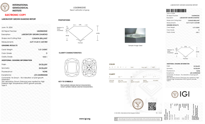 1.01 CT D Farge VVS1 Lang pute kuttet lab -dyrket diamant - IGI -sertifisert