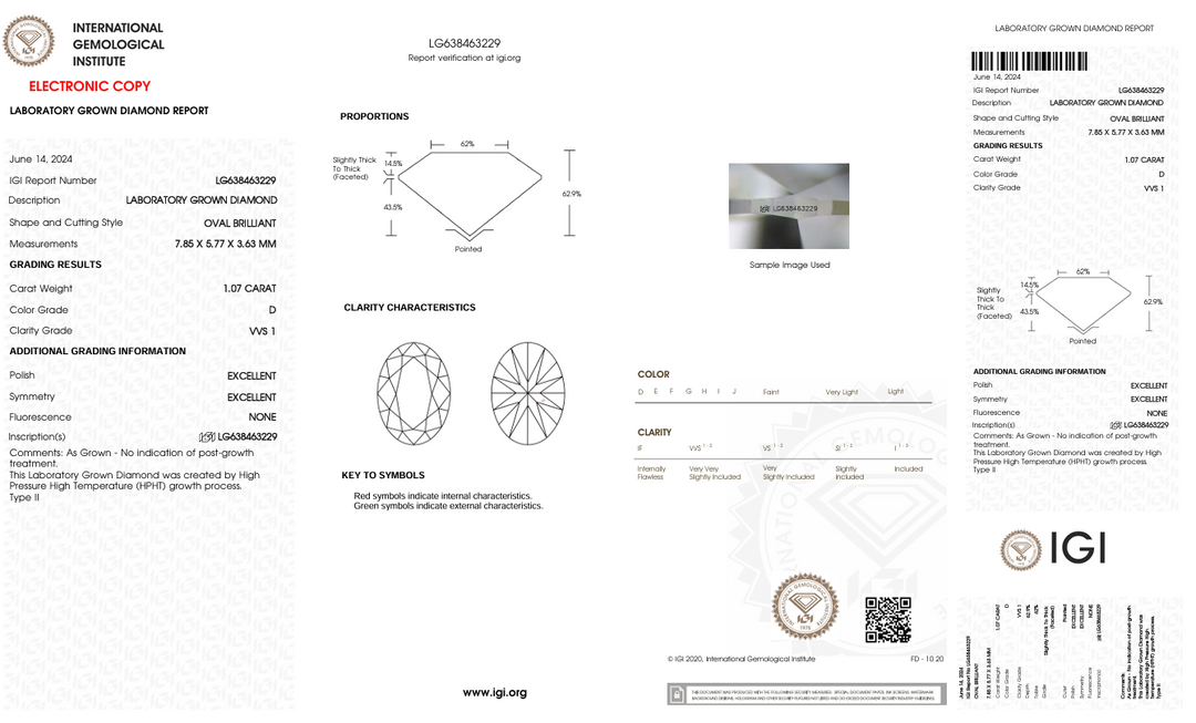 1,07 CT D Колір VVS1 Oval Cut Lab -вирощений алмаз - сертифікований IGI