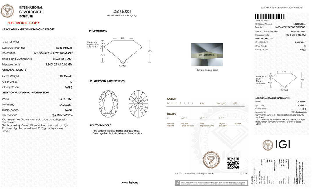 1.04 CT D FARGE VVS2 Oval kuttet lab -dyrket diamant - IGI -sertifisert