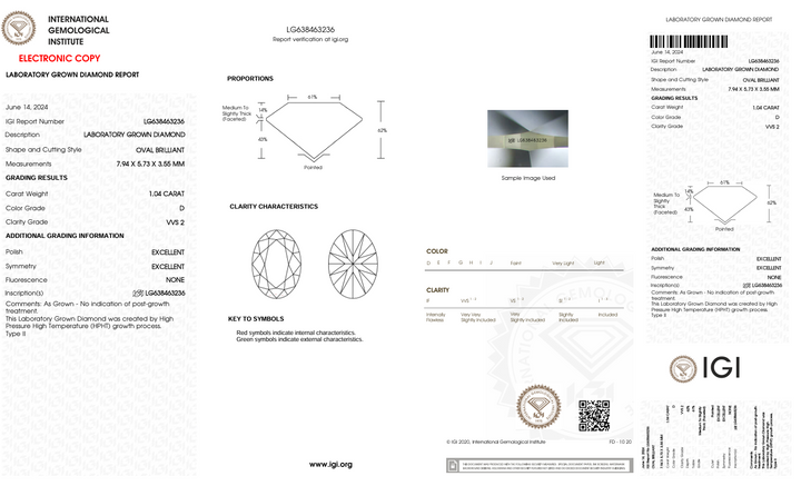 1.04 CT D FARGE VVS2 Oval kuttet lab -dyrket diamant - IGI -sertifisert