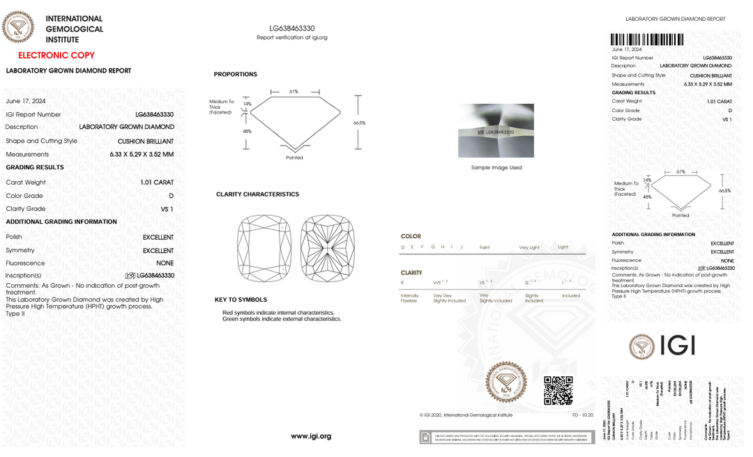 1.01 CT D Farge VS1 Lang pute kuttet laboratorium diamant - IGI -sertifisert