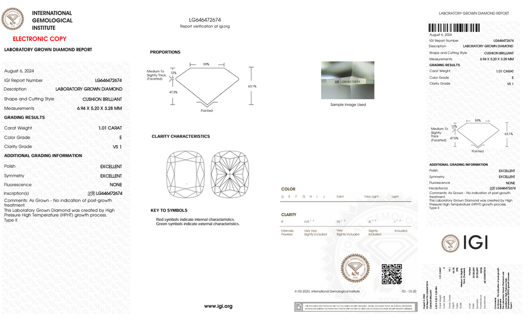 1.01 CT E FARGE VS1 LANG PUSHION CUT LAB -GROWD DIAMOND - IGI -sertifisert