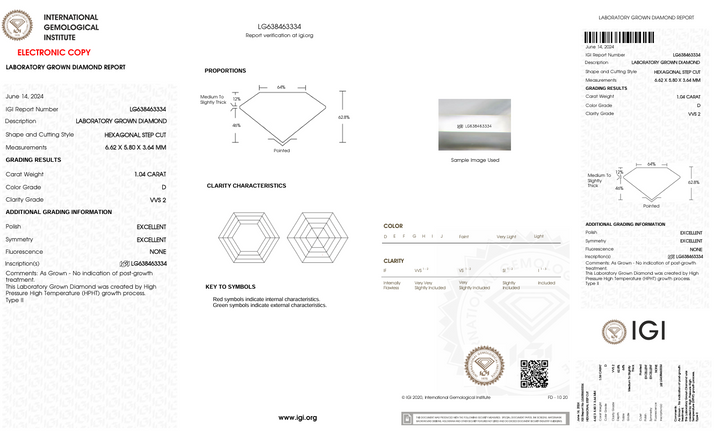 1,04 CT D Колір VVS2 шестикутний вирізаний лабораторний діамант - сертифікований IGI