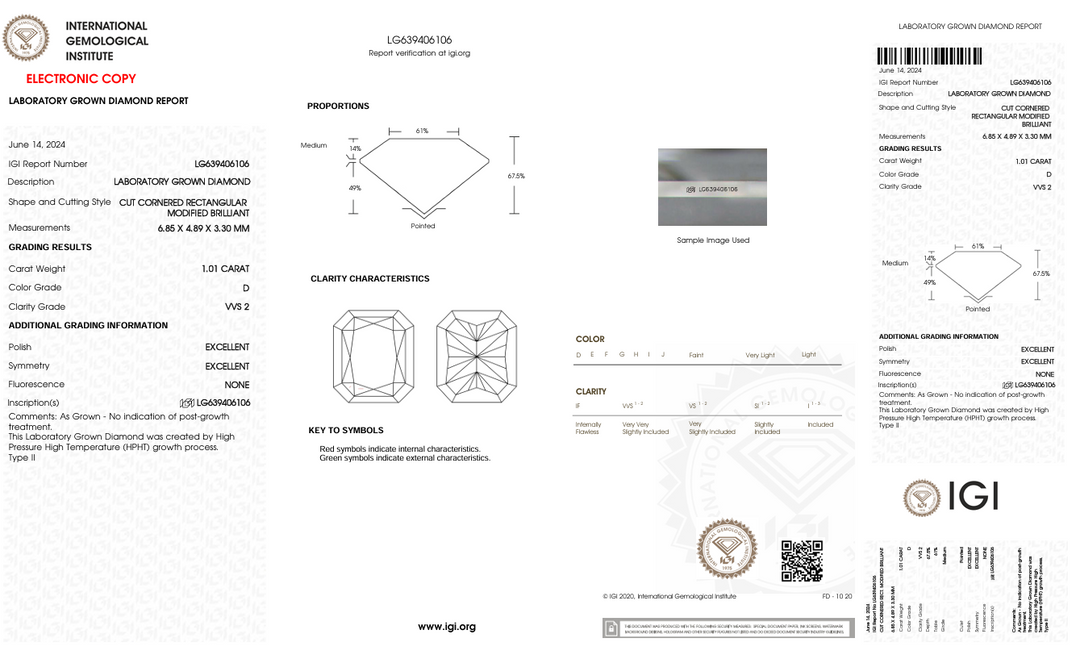 1.01 CT D Färg VVS2 Strålningskuret Lab -odlad diamant - IGI -certifierad