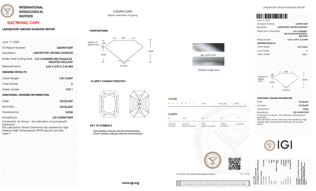 1.02 CT E Color VVS1 Radiant Cut Lab -pěstovaný diamant - IGI Certified