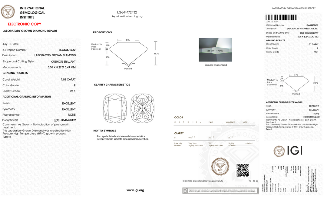 1.01 CT F Farge VS1 Lang pute kuttet laboratorium diamant - IGI -sertifisert