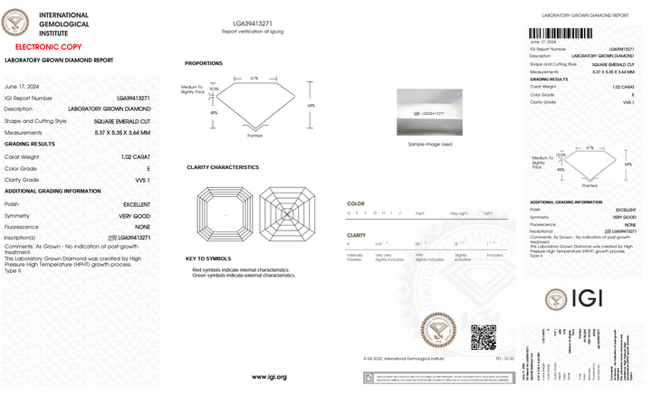 1.02 CT E Warna VVS1 Square Emerald Cut Lab -Grown Diamond - IGI Certified