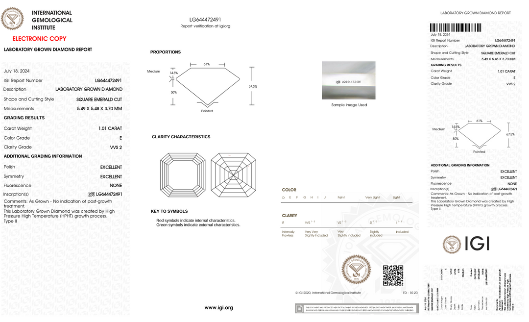 1,01 CT E cor VVS2 Square Emerald Cut Lab cultivado Diamond - Certificado IGI