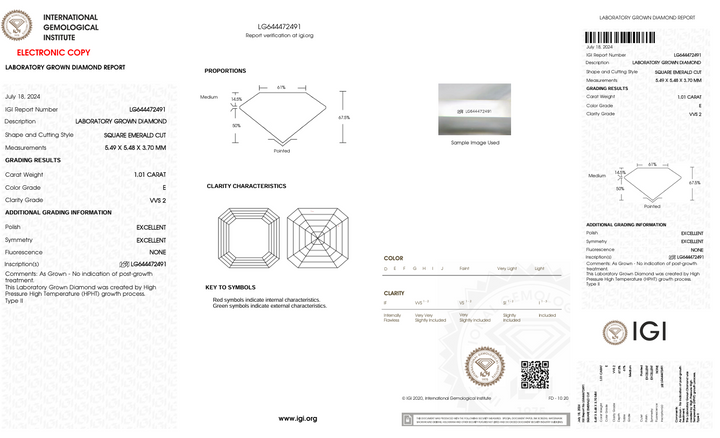 1,01 CT E cor VVS2 Square Emerald Cut Lab cultivado Diamond - Certificado IGI