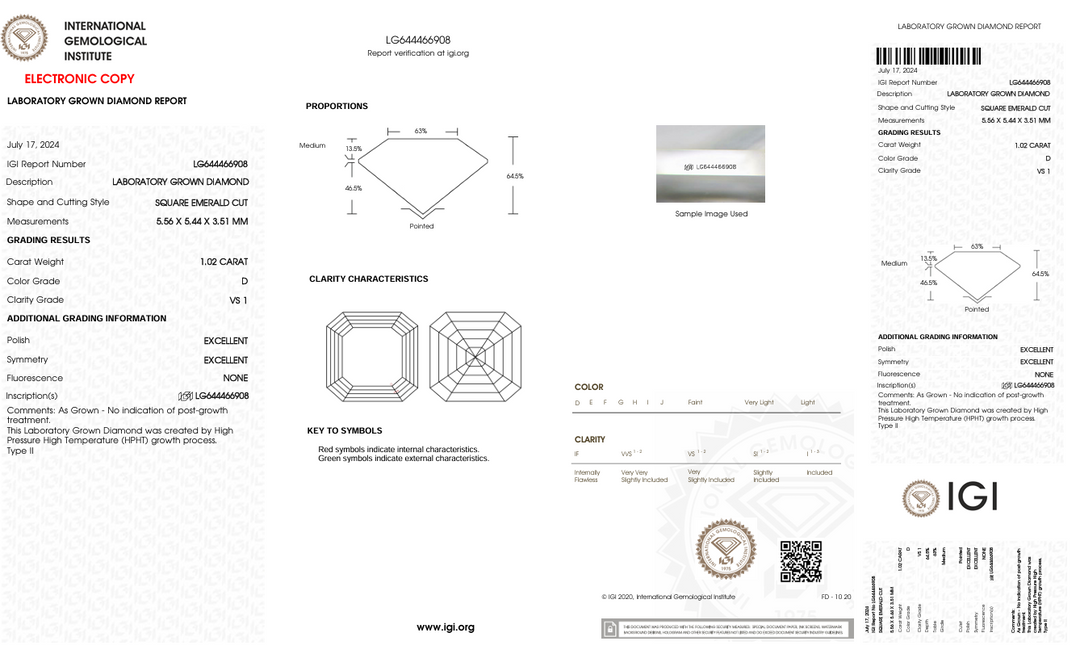1,02 CT D Color VS1 квадратний смарагдовий вирізаний лабораторний діамант - сертифікований IGI