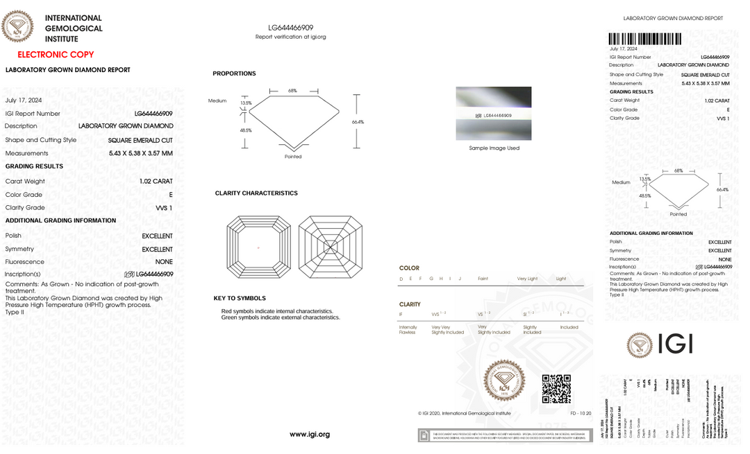 1.02 CT E Warna VVS1 Square Emerald Cut Lab -Grown Diamond - IGI Certified