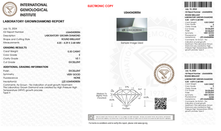 0.3 ct e color vs1 Round Cut barged Miamond - IGI معتمد