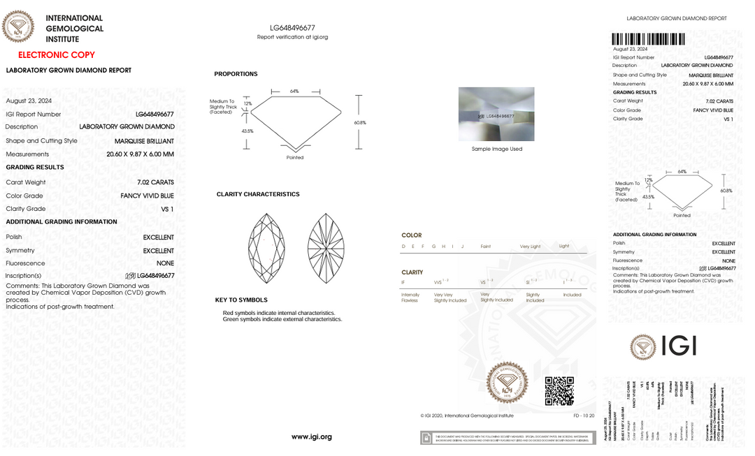 7.02 CT מפואר בצבע כחול חי VS1 Marquise Cut יהלום מגודל מעבדה - IGI מוסמך