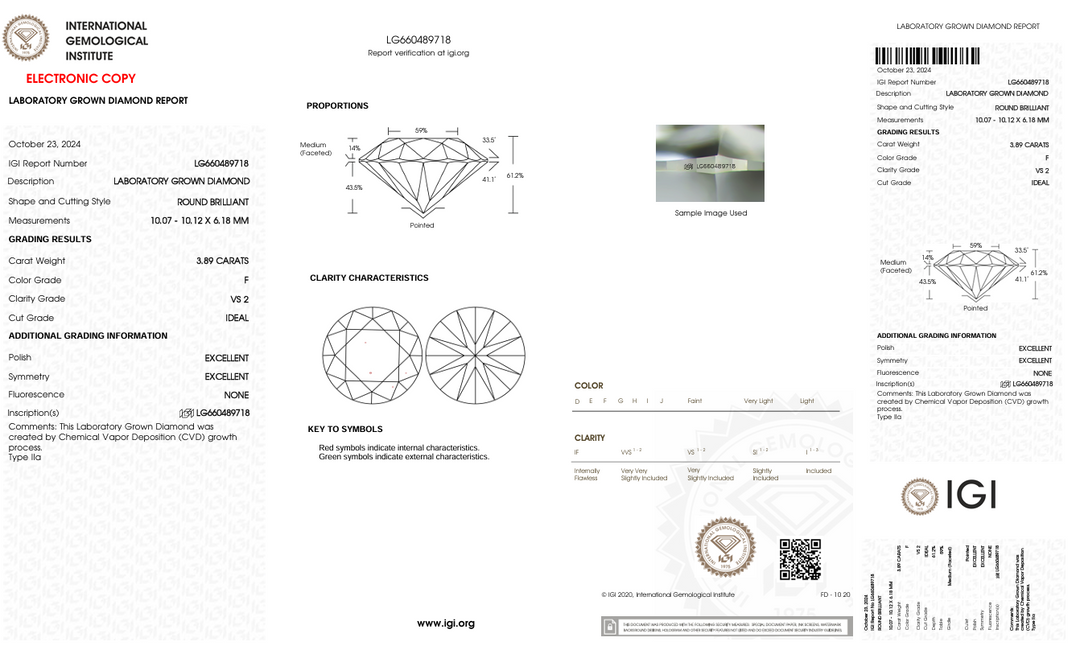 3.89 CT FカラーVS2ラウンドカットラボで栽培されたダイヤモンド-IGI認定