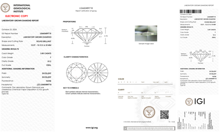 3.89 CT FカラーVS2ラウンドカットラボで栽培されたダイヤモンド-IGI認定