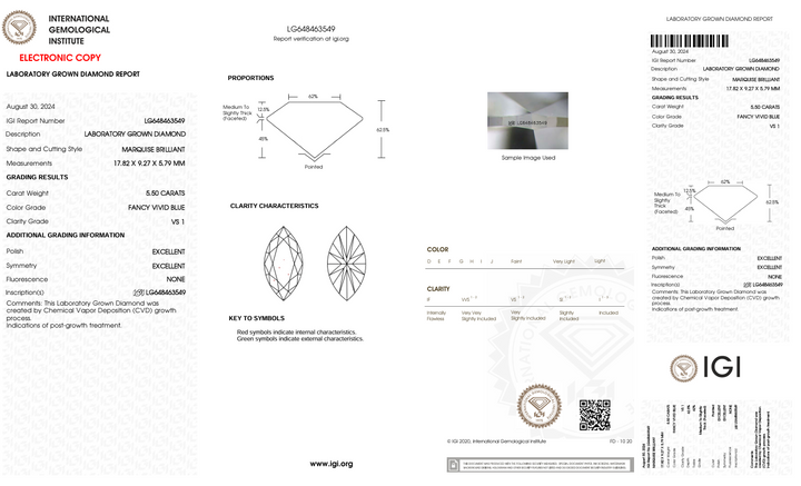 5,5 ct fancy levende blå farve vs1 marquise skåret lab -dyrket diamant - igi certificeret