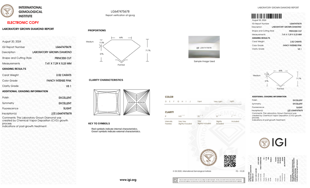 2,52 ct вигадливий інтенсивний рожевий колір VS1 Принцеса вирізаний лабораторією Diamond - IGI сертифікований