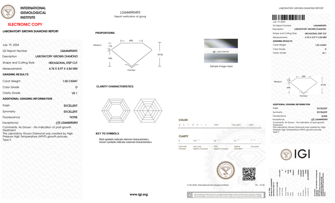 1,02 CT D Color VS1 Hexagonal Cut Lab -вирощений Diamond - IGI сертифікований