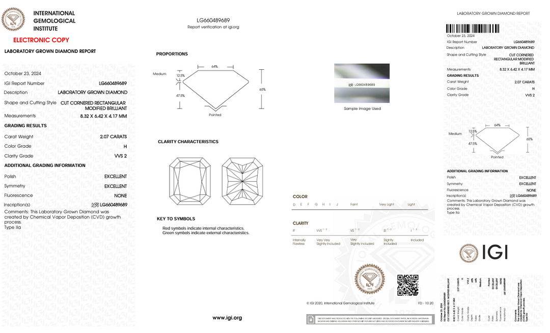 2.07 CT H צבע VVS2 CREANIAN CUT CUT Diamond Diamond - IGI מוסמך