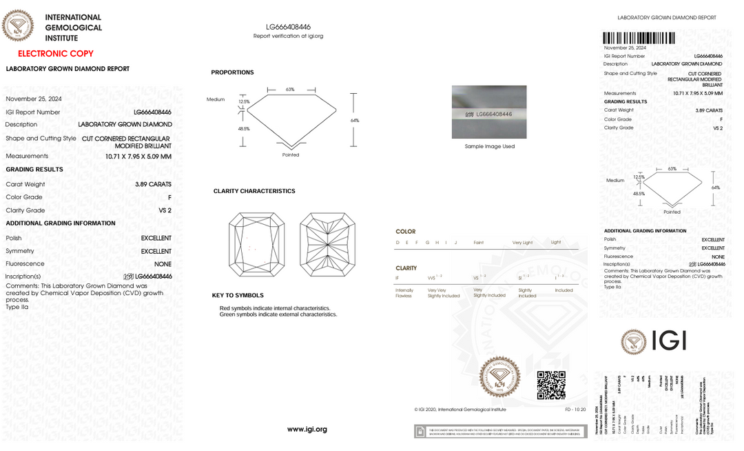 3,89 CT F Color VS2 Strålare Cut Lab -odlad diamant - IGI -certifierad