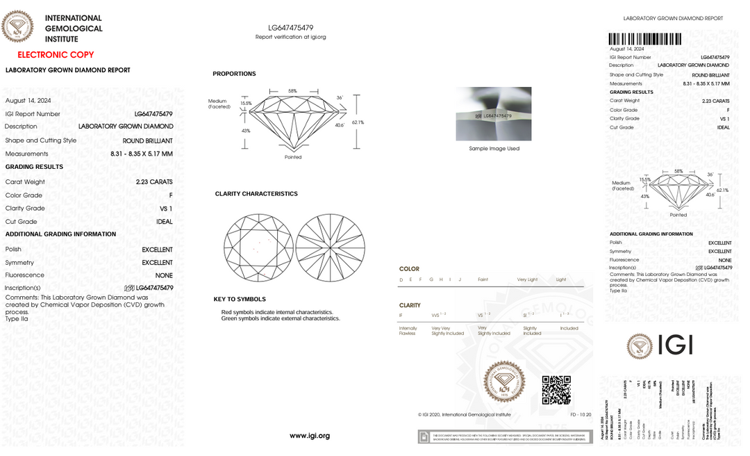 2,23 Ct F Color vs1 круглый резак, выращенный лабораторией Diamond - IGI сертифицирован