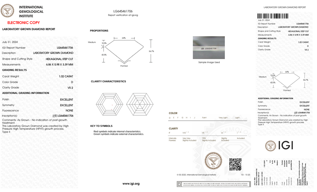 1,02 CT D Color VS2 Hexagonal Cut Lab -вирощений Diamond - IGI сертифікований