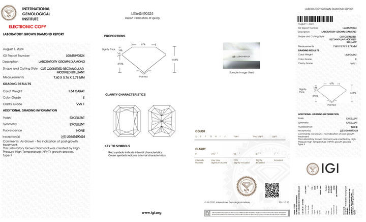 1,54 CT E Color VVS1 Radiant Cut Lab Gegroeide diamant - IGI -gecertificeerd