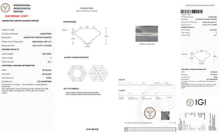 1.05 CT E Färg VS1 Hexagonal Cut Lab -odlad diamant - IGI -certifierad