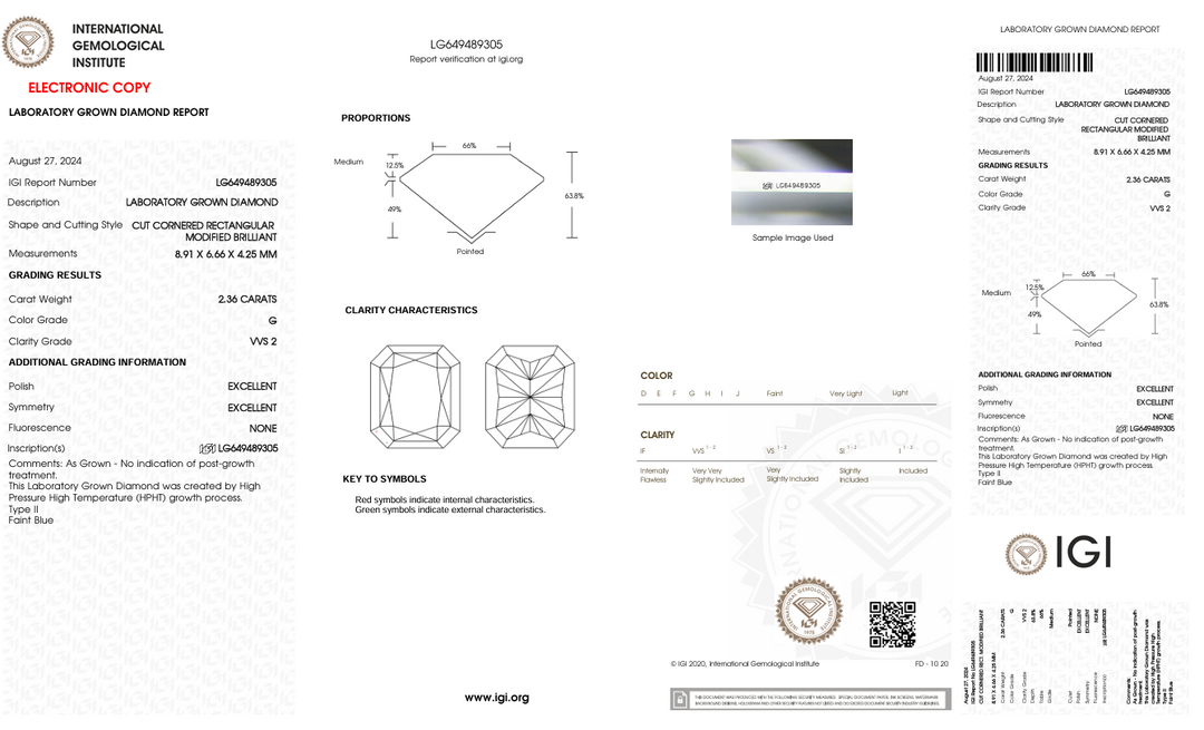 2.36 CT G צבע VVS2 RADIANT CUT CUT Diamond Diamond - IGI Certified