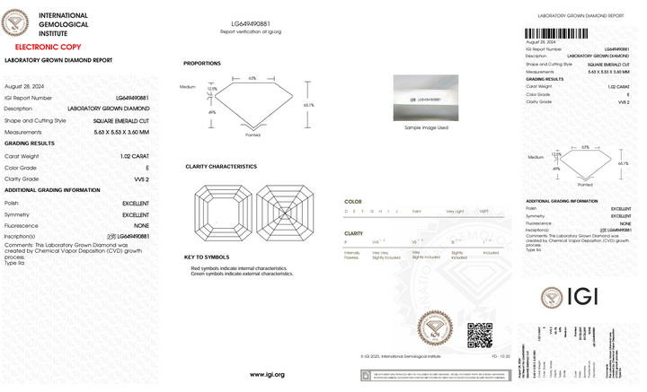 1.02 CT E Warna VVS2 Square Emerald Cut Lab -Grown Diamond - IGI Certified