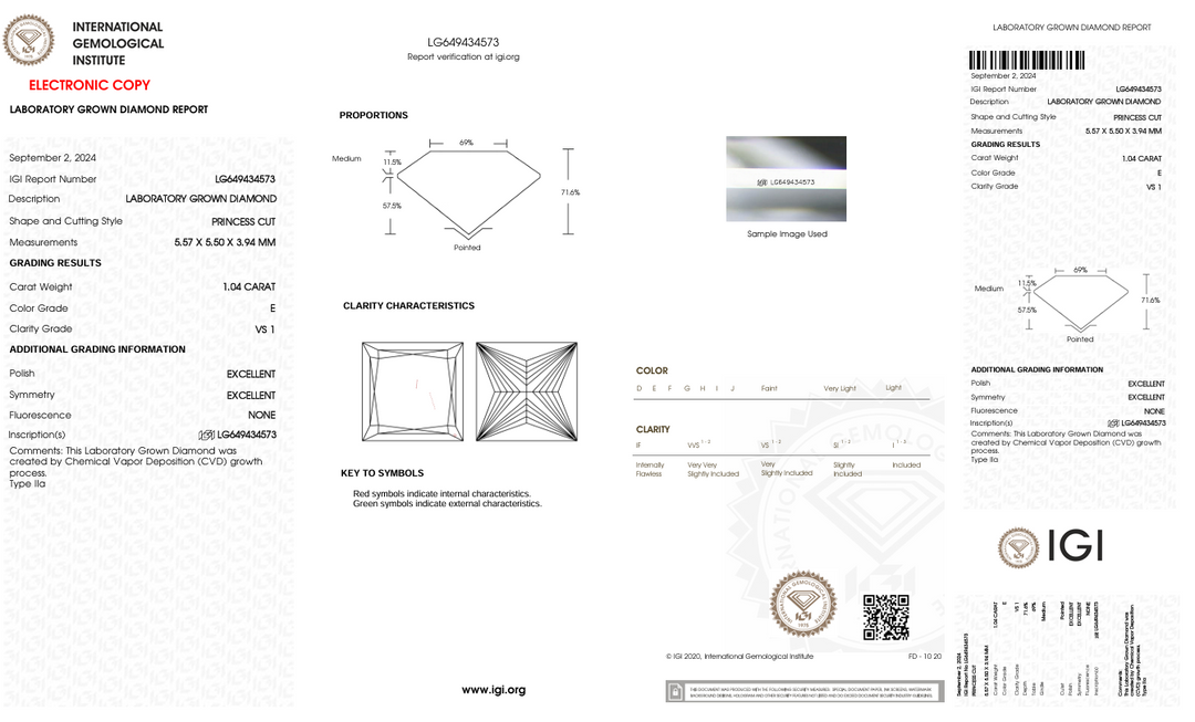 1.04 CT E RENK VS1 PRINCESS CUT LAB GÜNLÜK Pırlanta - IGI Sertifikalı