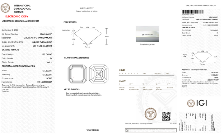 1.01 CT D Warna VVS2 Square Emerald Cut Lab -Grown Diamond - IGI Certified