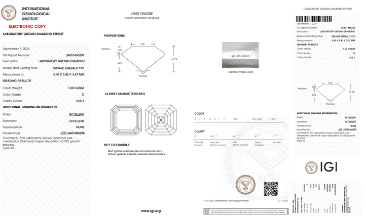 1.0 CT D צבע VVS1 מרובע אמרלד חתך מגדל מעבדה - IGI Certified