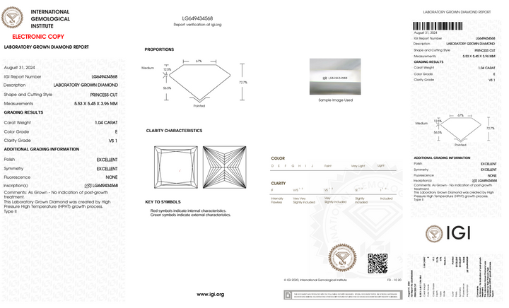 1,04 CT E Color VS1 Princess Cut Cut Lab Dialond - IGI сертифікований