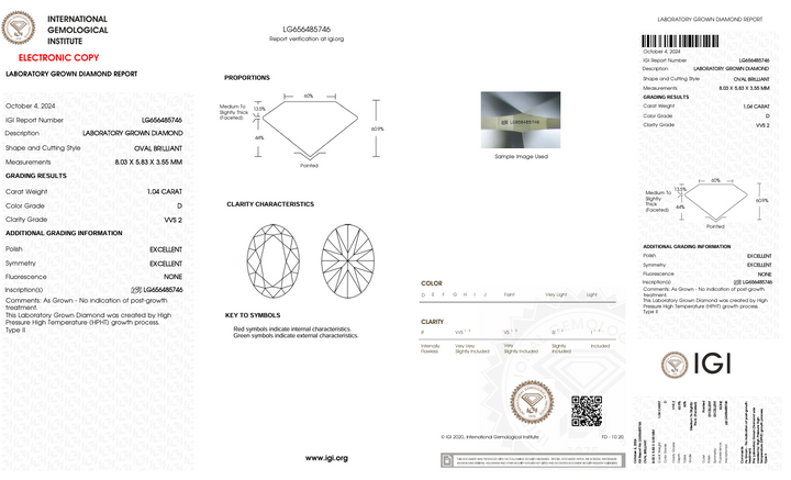 1.04 CT D FARGE VVS2 Oval kuttet lab -dyrket diamant - IGI -sertifisert