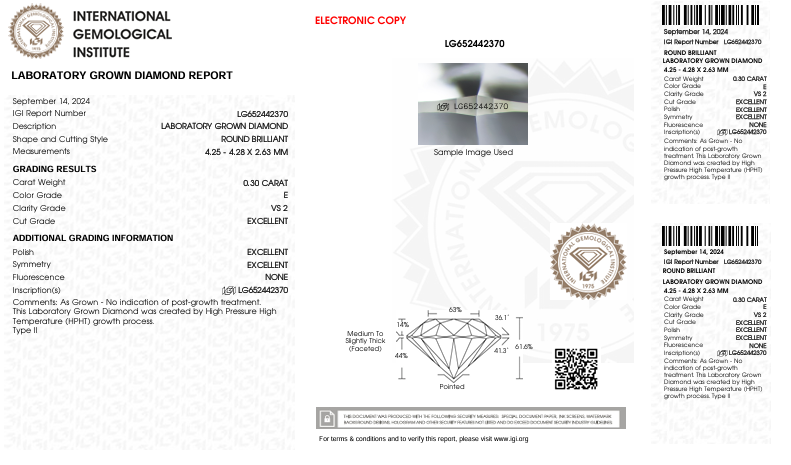 0.3 ct e color vs2 Round Cut barged macond - IGI معتمد