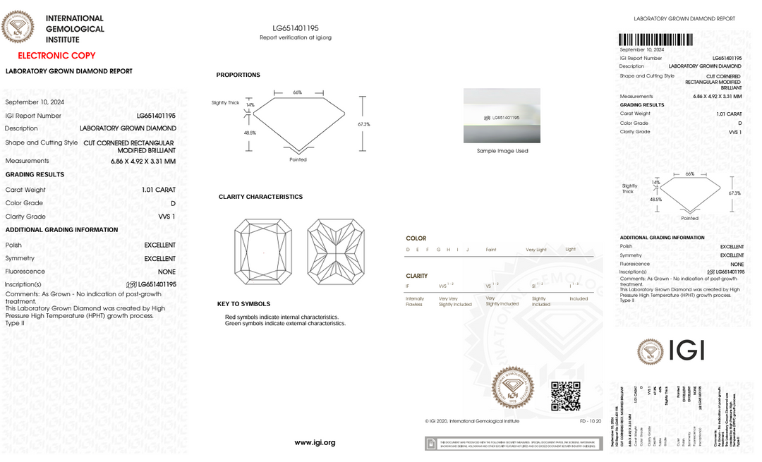 1.01 CT D Color VVS1 RADIANT CUT LAB DIAMOND - CERTIFIKASI IGI