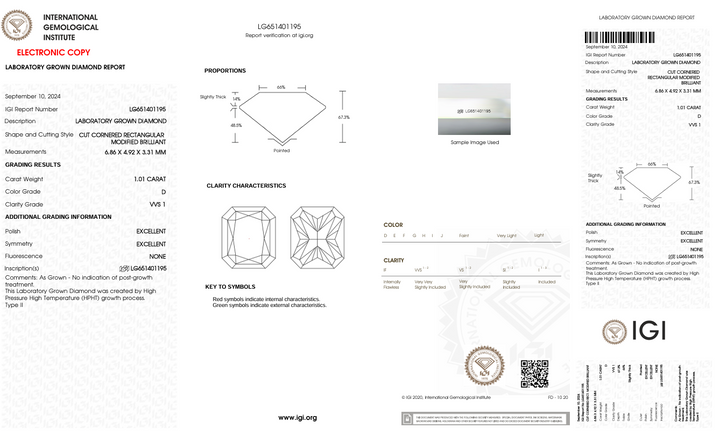 1.01 CT D Color VVS1 RADIANT CUT LAB DIAMOND - CERTIFIKASI IGI