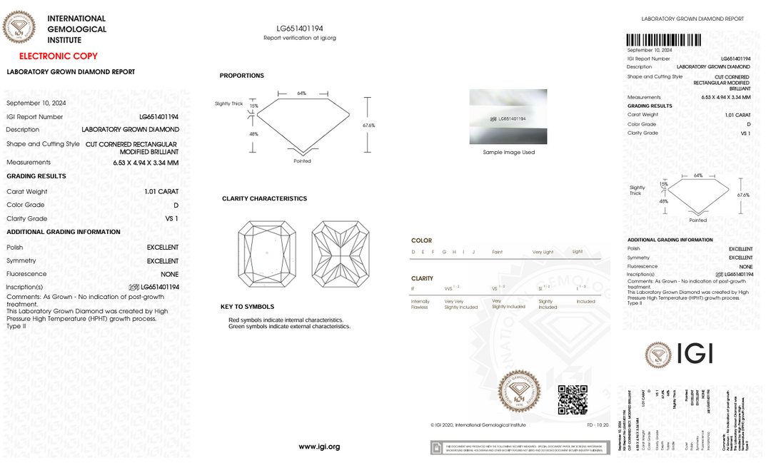 1.01 CT D Warna VS1 Radiant Cut Lab -Grown Diamond - IGI Certified