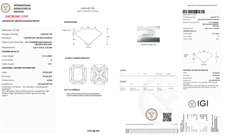 1.01 CT D Color VS1 Radiant Cut Lab-Grown Diamond - IGI Certified