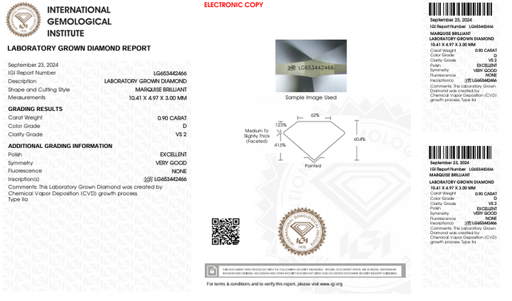 0.9 CT D Renk VS2 Markiz Kesme Laboratuar Growed Diamond - IGI Sertifikalı