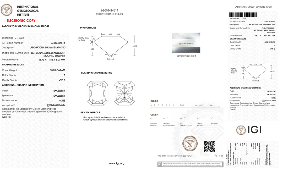 15.09 CT F צבע VVS2 RADIANT CUT CUT Diamond Diamond - IGI מוסמך