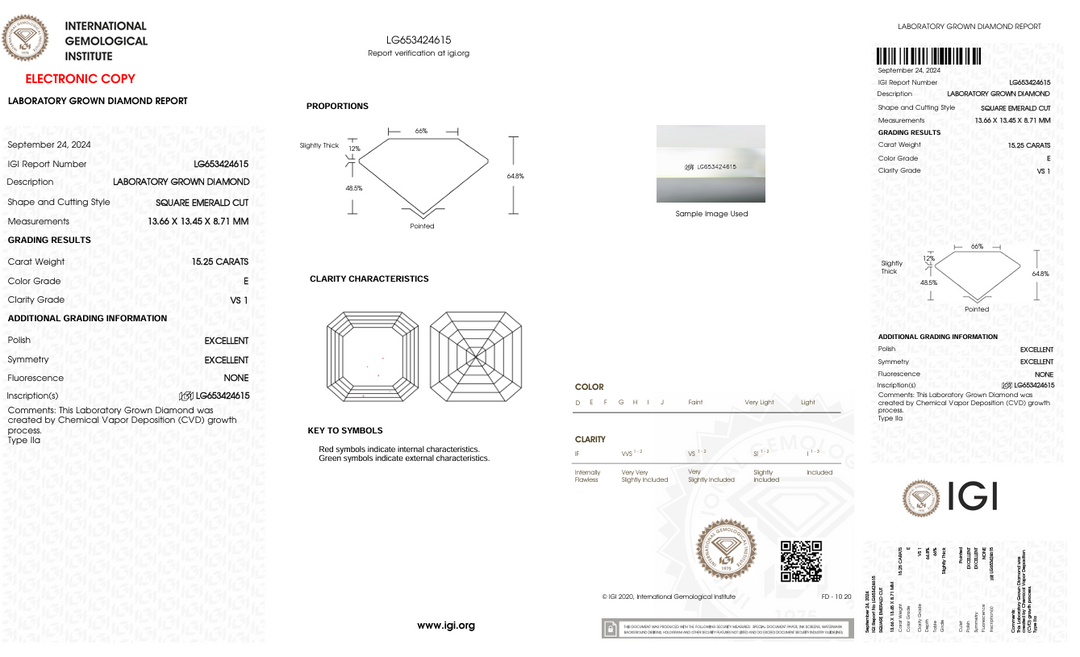 15.25 ct e renk vs1 kare Emerald Cut laboratuar yetiştirilen elmas - IGI Sertifikalı