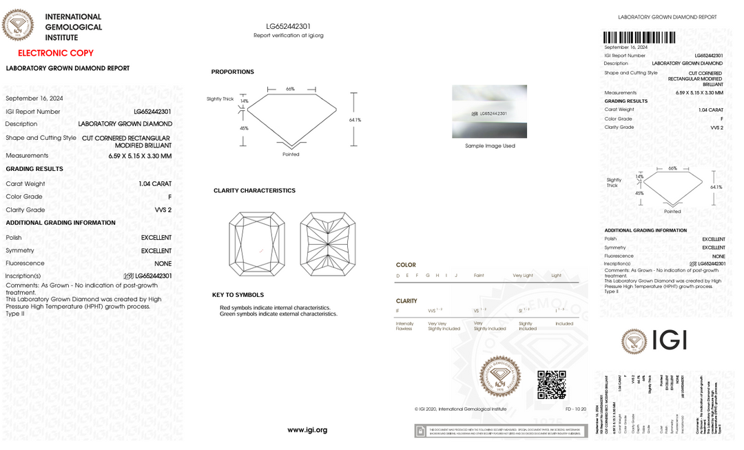 1,04 CT F Color VVS2 Radiant Cut Lab -вирощений діамант - сертифікований IGI