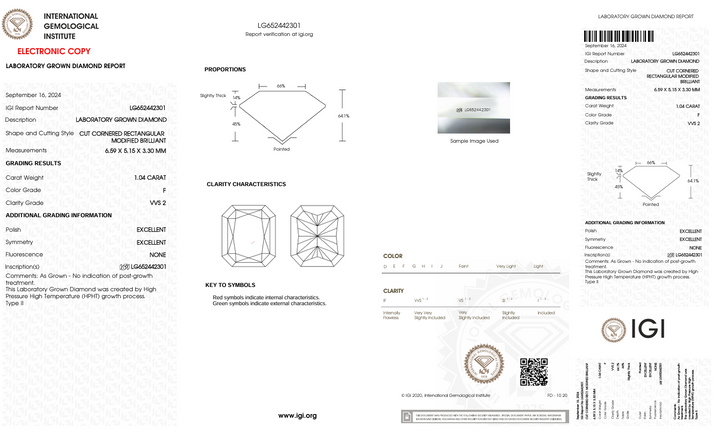 1,04 CT F Color VVS2 Radiant Cut Lab -вирощений діамант - сертифікований IGI