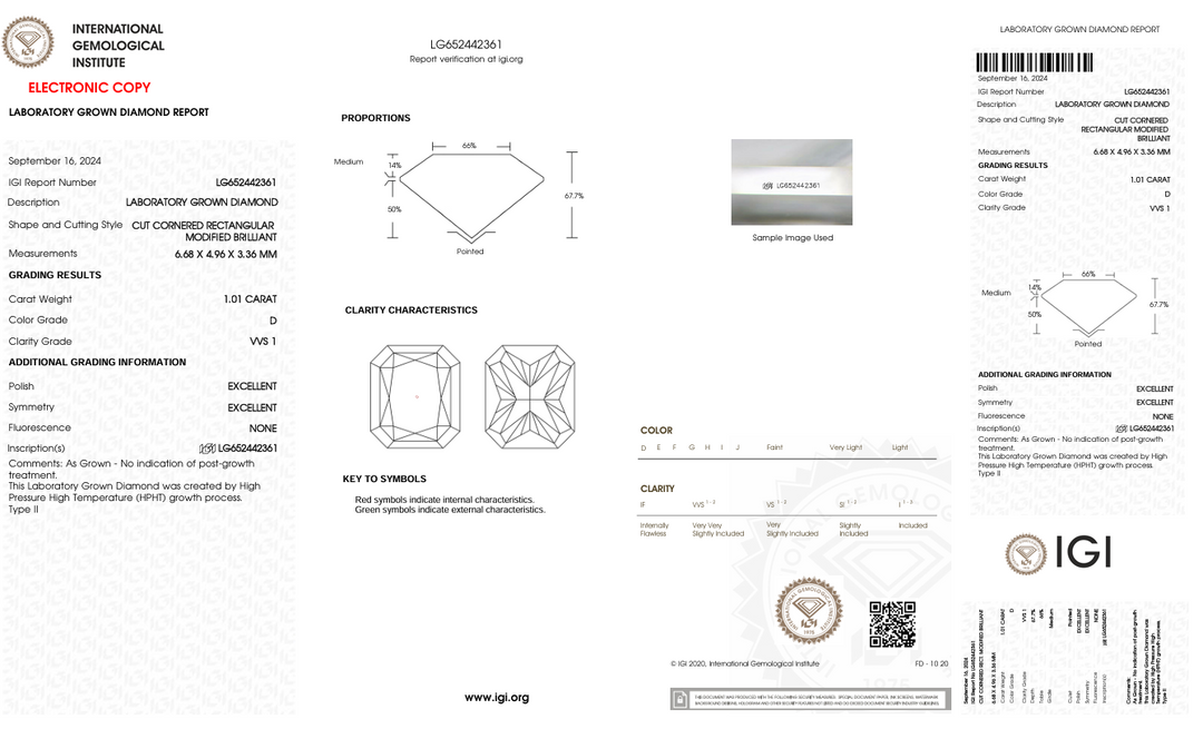 1.01 CT D Color VVS1 Radiant Cut Lab-Grown Diamond - IGI Certified