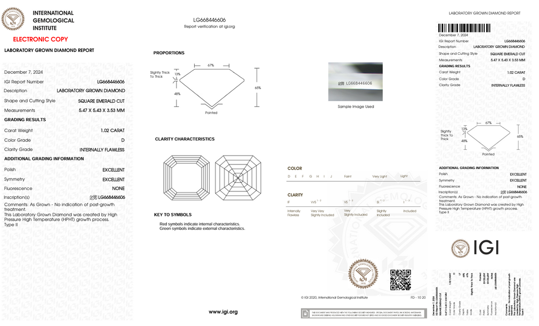 1.02 ct dカラースクエアエメラルドカットラボで育てたダイヤモンド-IGI認定