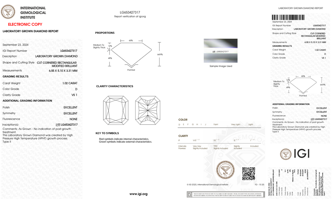 1.02 CT D COLOR VS1 Radiant Cut Marmond -Bulder Miamond - IGI معتمد