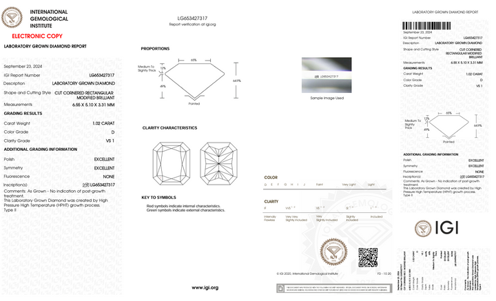 1.02 CT D COLOR VS1 Radiant Cut Marmond -Bulder Miamond - IGI معتمد