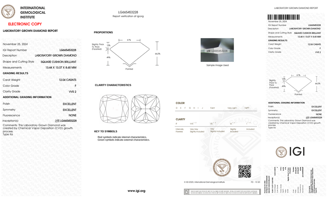 12.04 CT F Color VVS2 Cushion Brilliant Cut Lab-Grown Diamond - IGI Certified